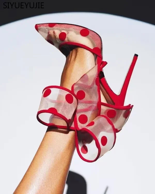 Women's Polka Dot Bow Mesh Pointed Toe Stiletto Pumps
