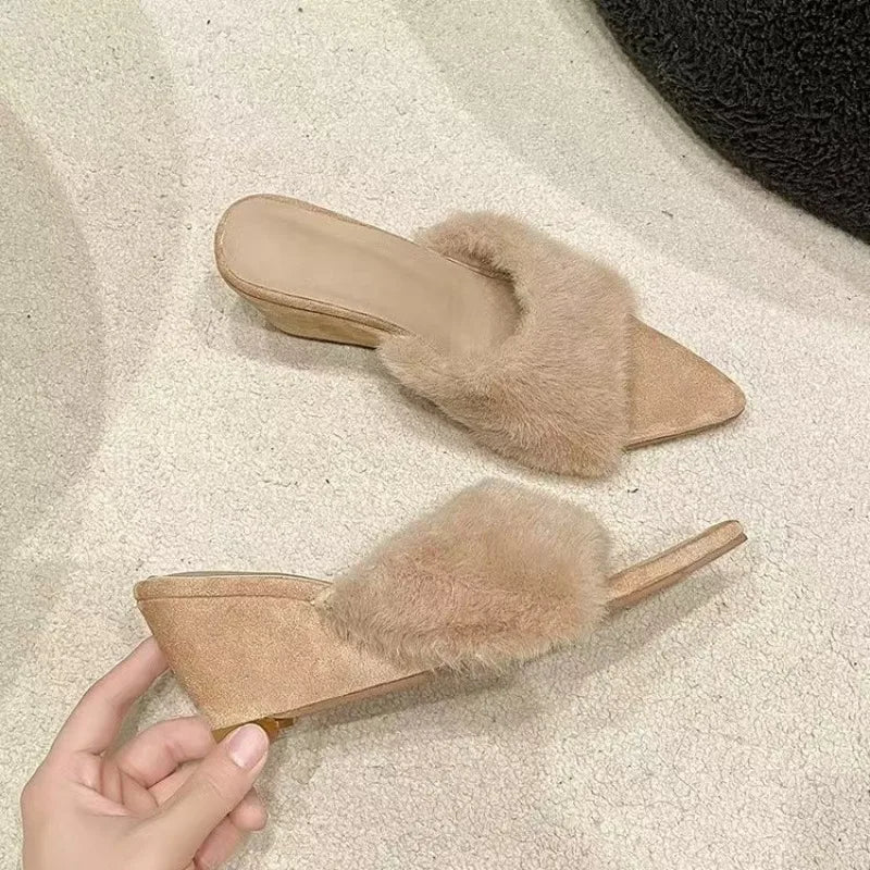 Women's Fluffy Open Toe Wedge Slippers a19