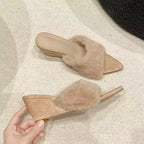 Women's Fluffy Open Toe Wedge Slippers a19