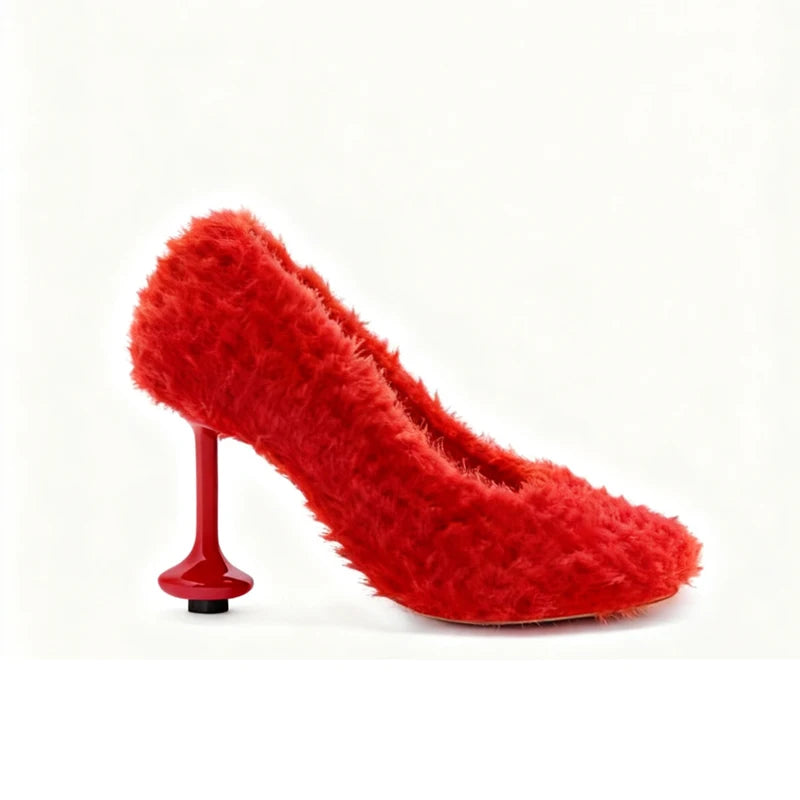 Women's Fuzzy Round Toe Wine Glass High Heel Pumps