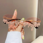 Rhinestone Rimless Sunglasses Women's Tear Drop Party Eyewear
