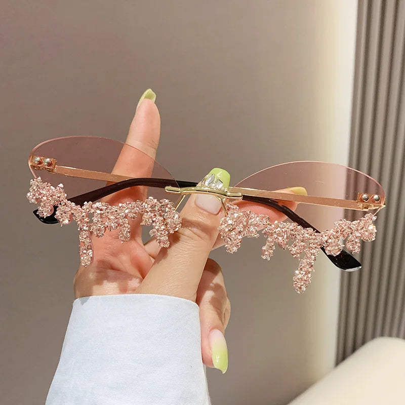 Rhinestone Rimless Sunglasses Women's Tear Drop Party Eyewear