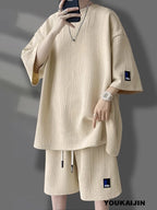 Men's Korean Summer Tracksuit Casual T-Shirt and Shorts Set Solid Color Loose Fit