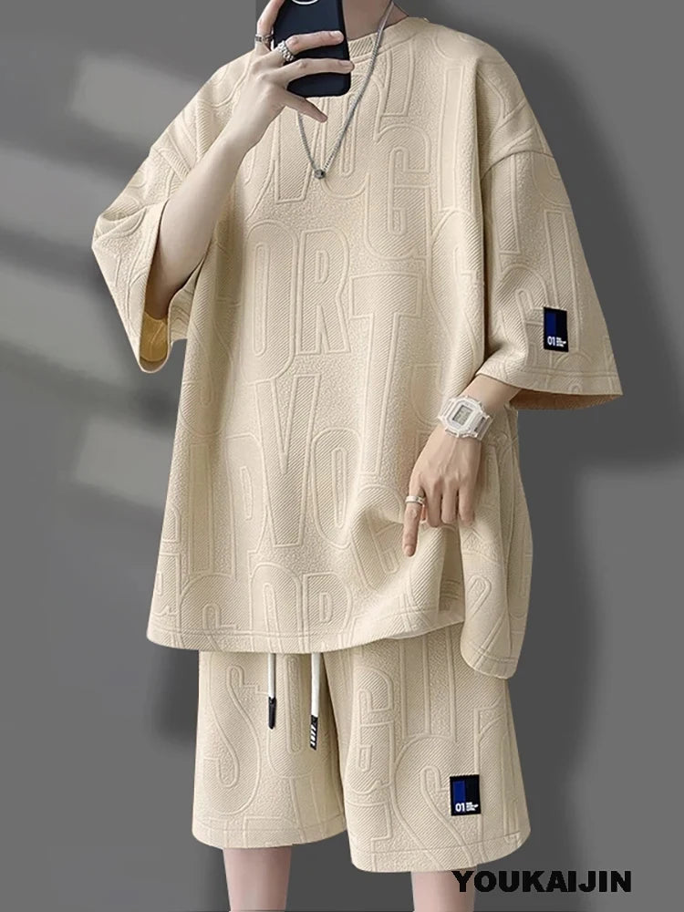 Men's Korean Summer Tracksuit Casual T-Shirt and Shorts Set Solid Color Loose Fit