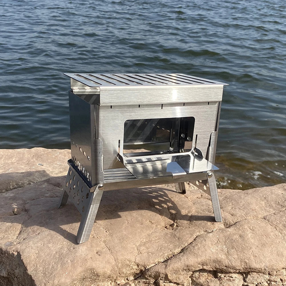 Portable Folding Camping BBQ Grill Stove with Wood Burner