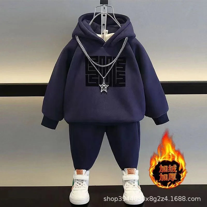 Kids' Warm Fleece Hooded Sweatshirt Pants Two-Piece Set