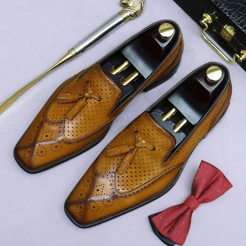 Men's Mesh Tassel Genuine Cowhide Leather Loafers