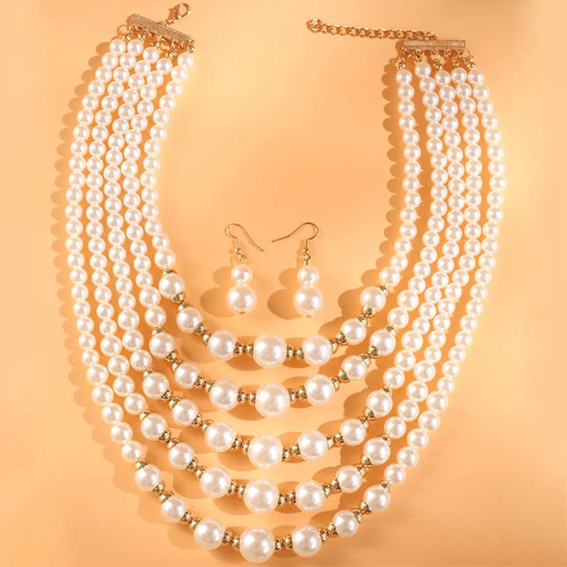 Simulated Pearl Multilayer Necklace and Earrings Jewelry Set