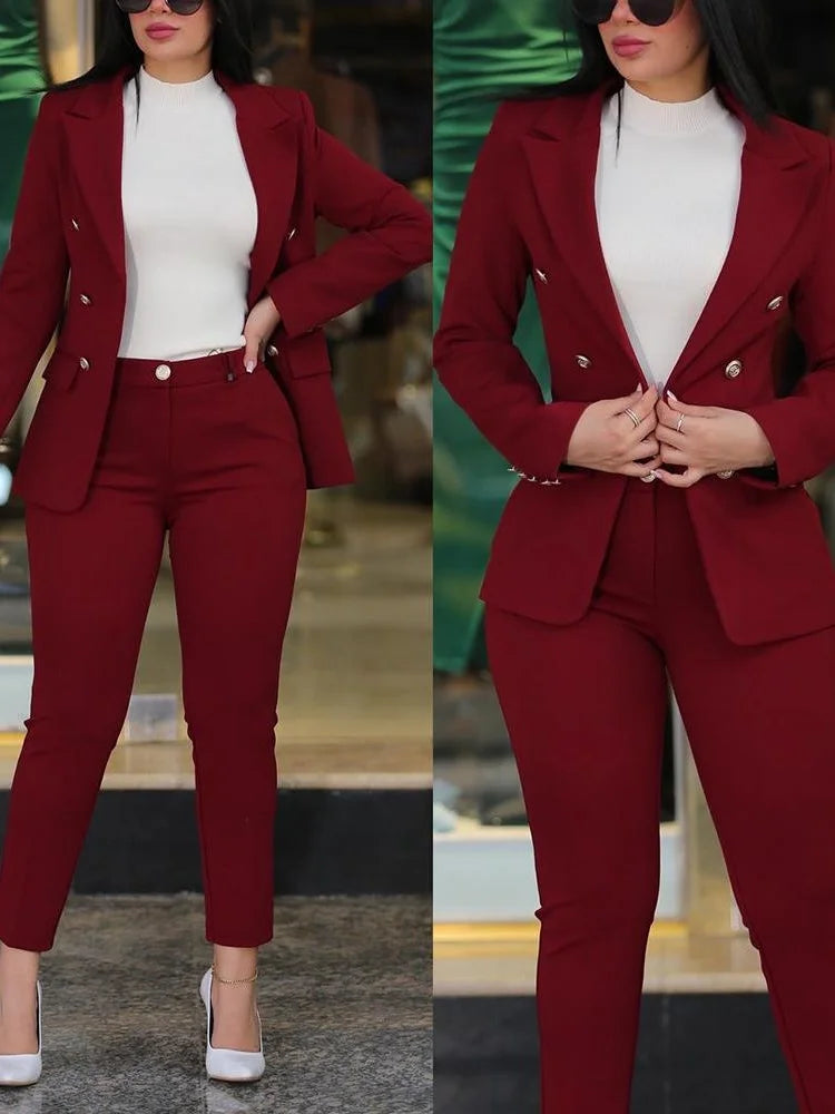 Women's Solid Lapel Blazer Slim Pants Set
