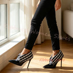 Women's Vintage Gingham Button Pointed Toe Stiletto Pumps