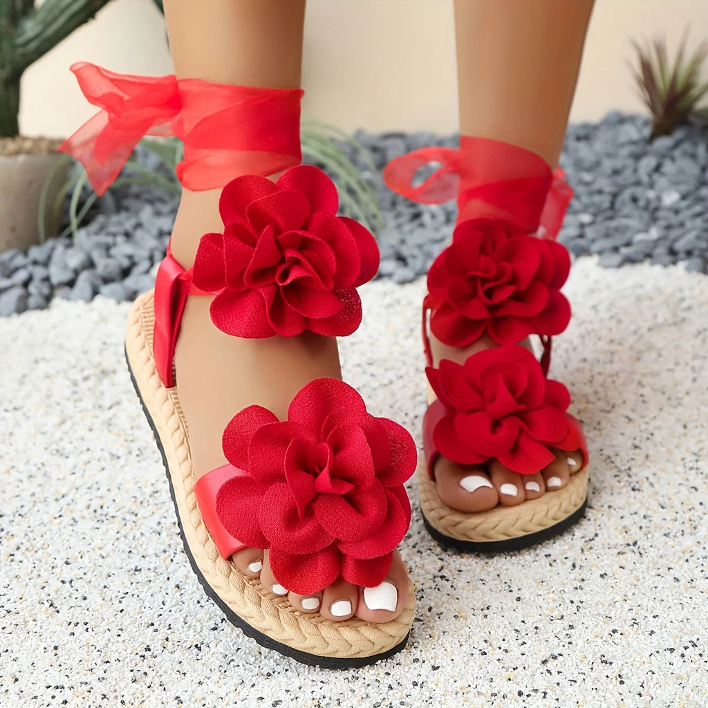 Women's Floral Applique Platform Lace-Up Sandals Flat Open Toe