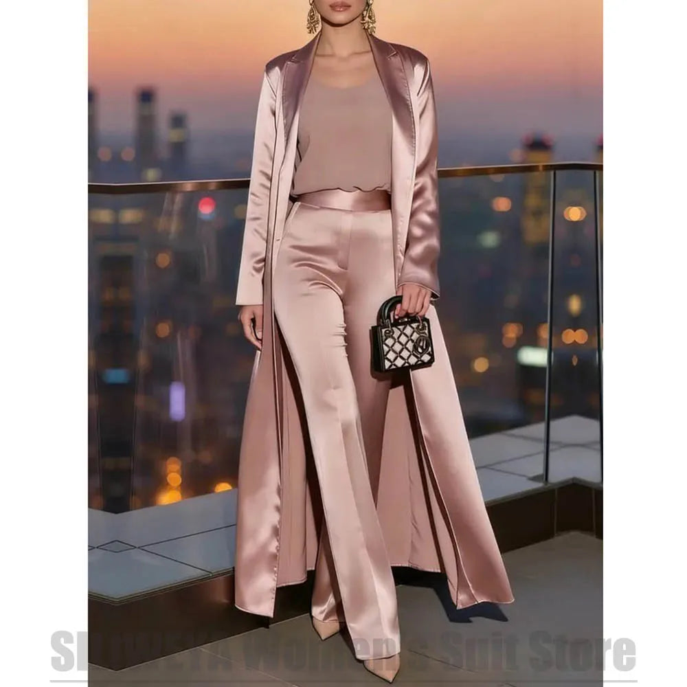 Women's Satin Long Blazer Wide Leg Pants Suit