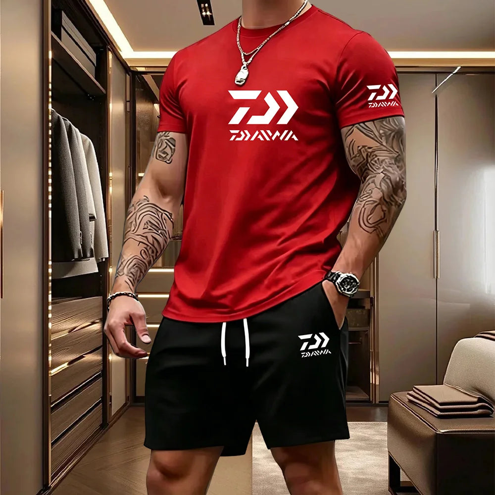 Men's Casual Round Neck T-Shirt and Drawstring Shorts Set