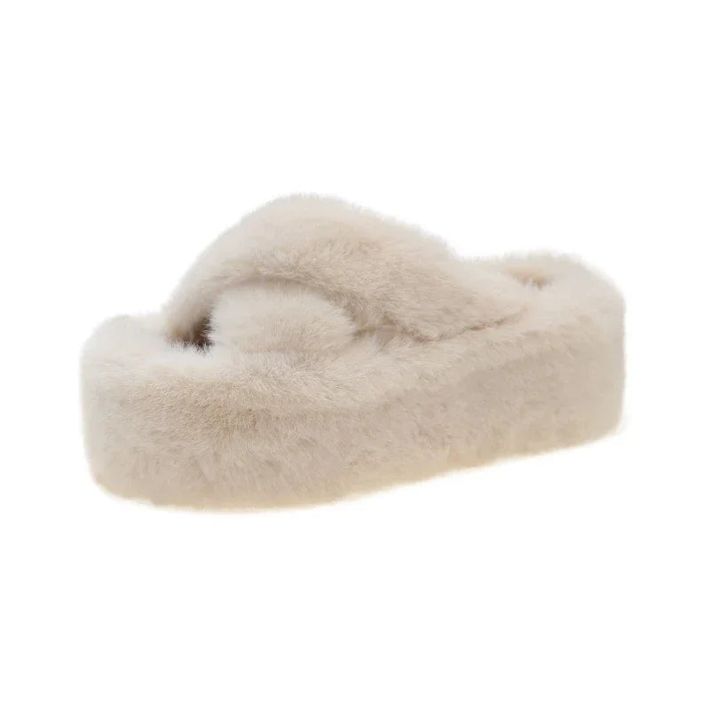 Women's Faux Fur Platform Slippers Soft Plush Indoor House Shoes