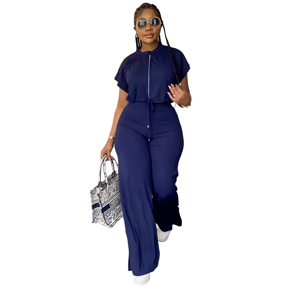 Women's Casual Short Sleeve Top and High Waist Pants Set