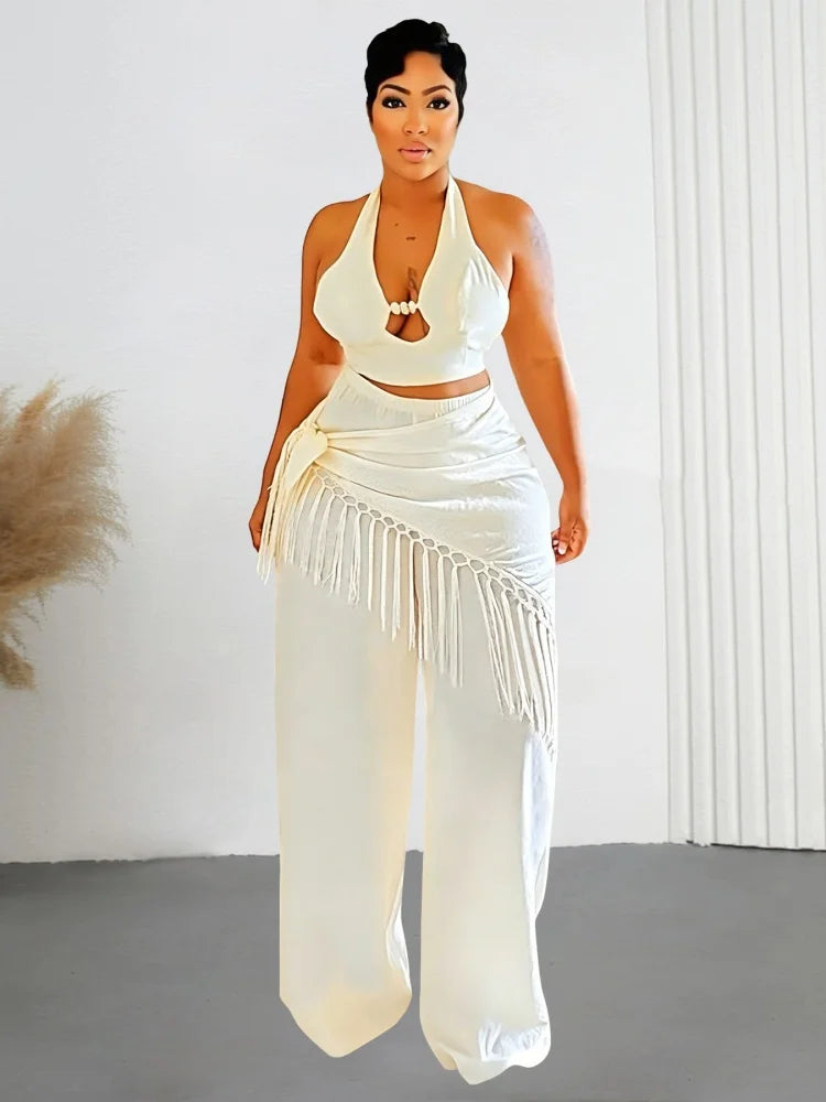 Women's Neck Wrap Fringe Top Straight Leg Pants Set