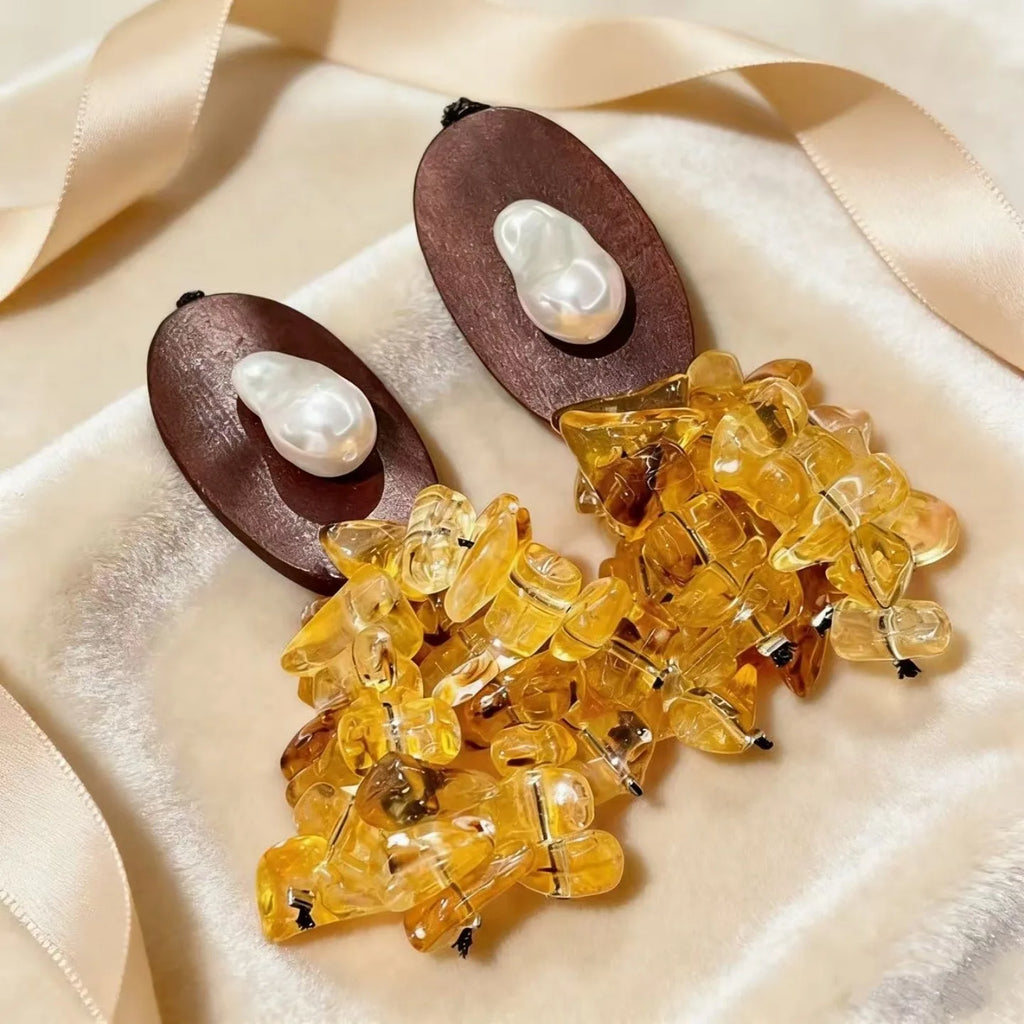 Women's Trendy Vintage Wooden Citrine Tassel Drop Earrings
