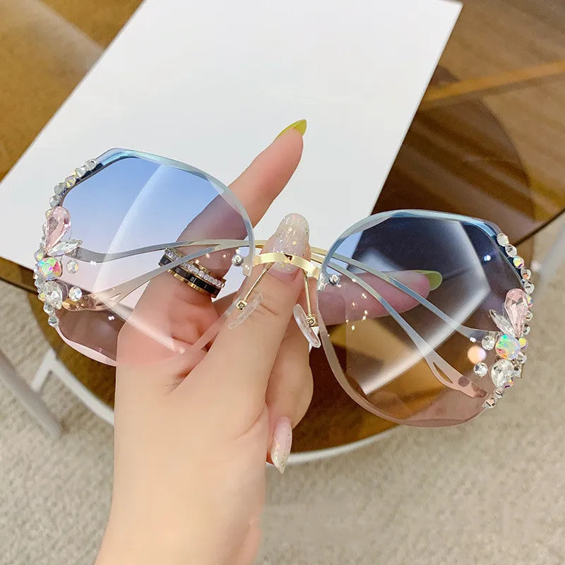 Women's Trendy Diamond Cut Edge Rimless Oversized Sunglasses