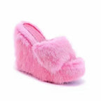 Women's Trendy Furry Wedge High Heel Slide Slippers