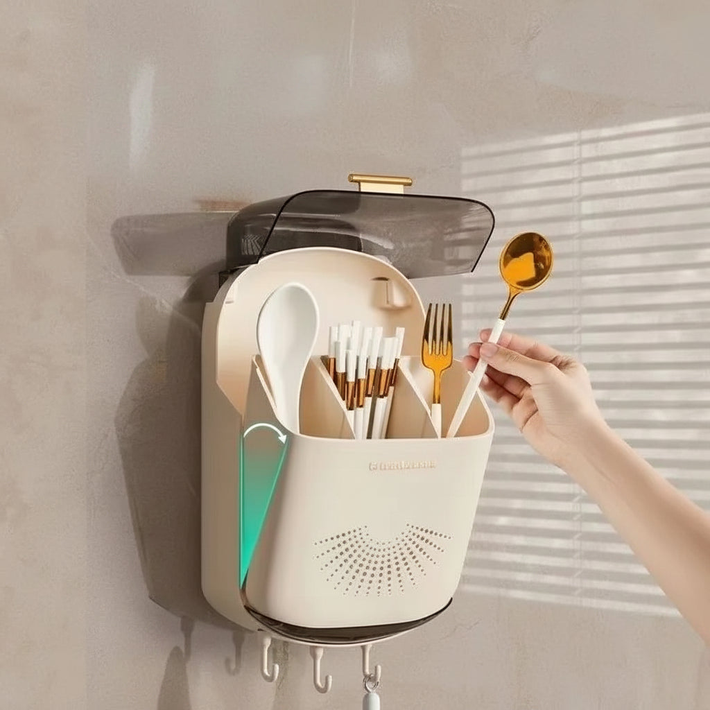 Wall-Mounted Drain Cutlery Organizer and Dustproof Spoon Holder