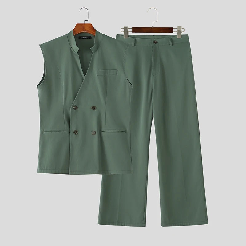 Men's Solid V-Neck Sleeveless Vest Pants Set