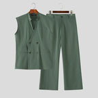 Men's Solid V-Neck Sleeveless Vest Pants Set