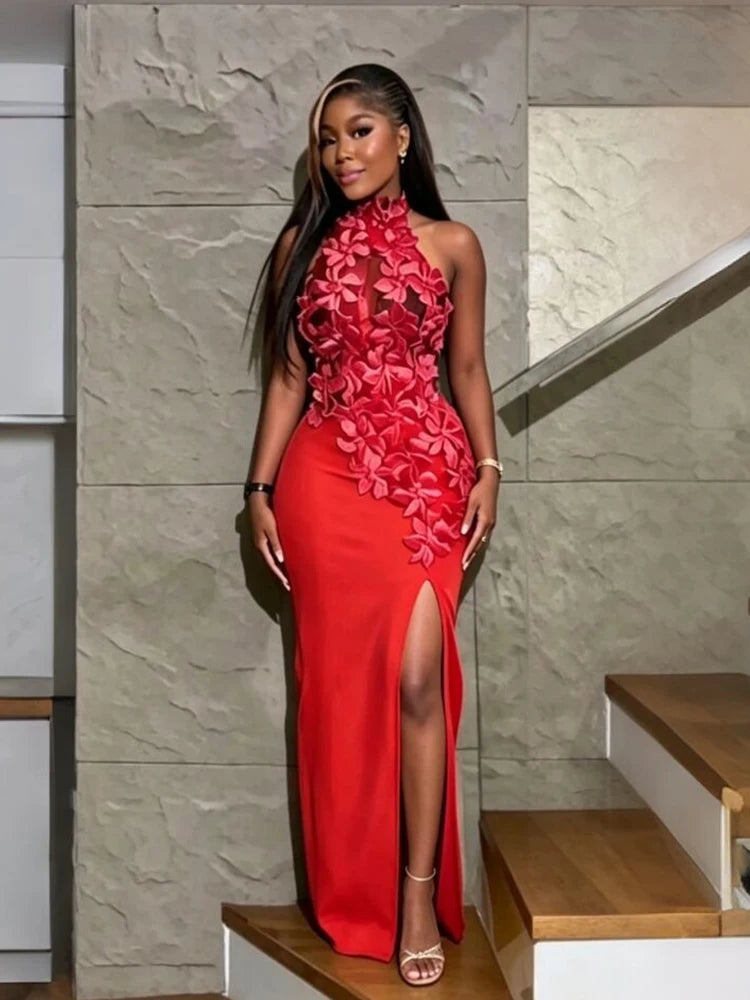 Women's Appliques Halter Backless Maxi Evening Dress