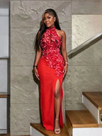 Women's Appliques Halter Backless Maxi Evening Dress