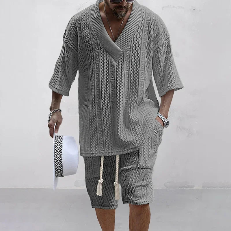 Men's V-Neck Short Sleeve Knitted T-Shirt and Shorts Casual Two-Piece Set