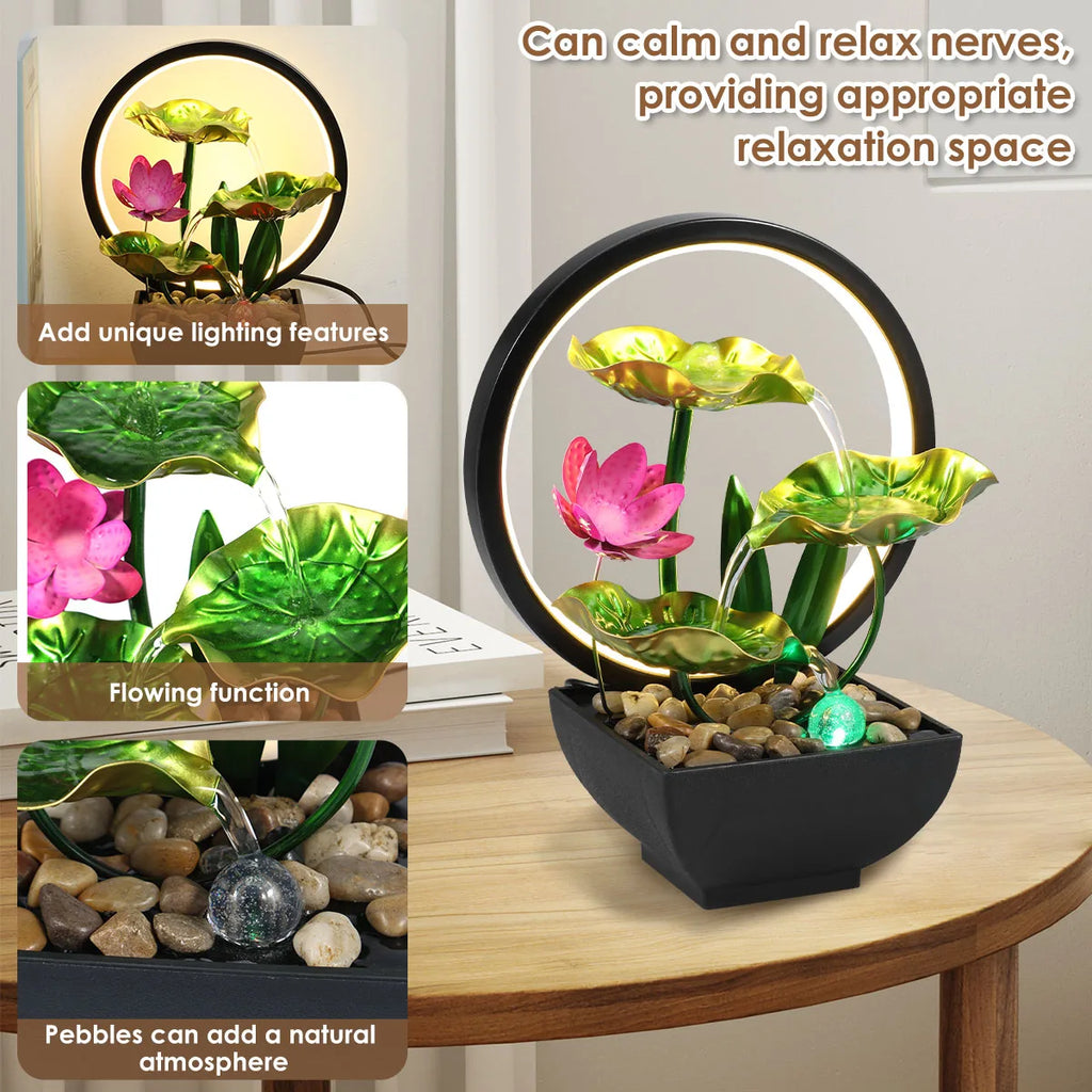 Lotus Leaf Tabletop Water Fountain and LED Light Waterfall