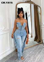 Women's Sleeveless Denim Jumpsuit Backless Tassel Strap Playsuit Blue