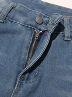 TWOTWINSTYLE High-Waisted Patchwork Lace-Up Jeans Straight Leg Blue