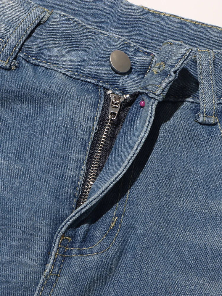TWOTWINSTYLE High-Waisted Patchwork Lace-Up Jeans Straight Leg Blue
