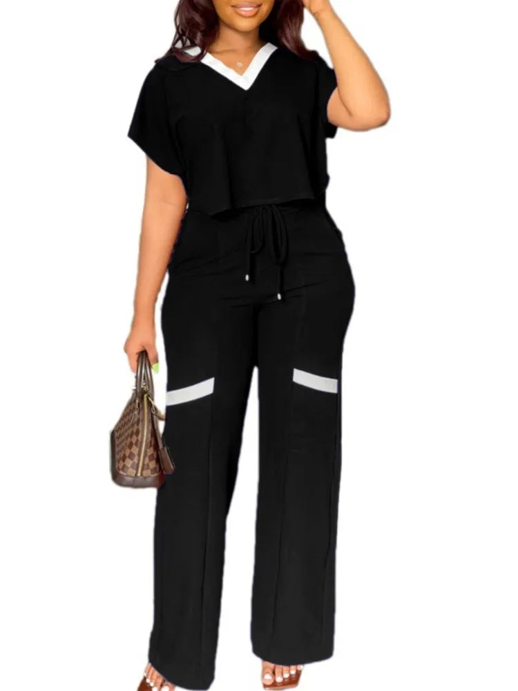 Women's Casual Short Sleeve Top and Straight Pants Set