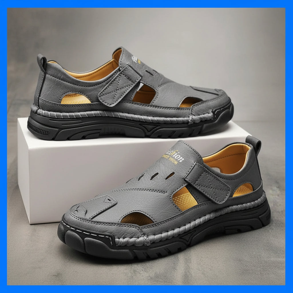 Laxsesu Men's Closed-Toe Leather Sandals Breathable Hollow Outdoor Shoes