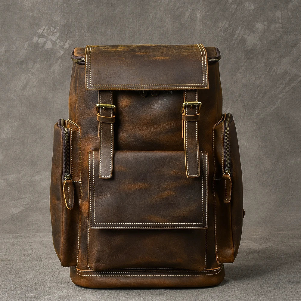 Men's Fashion Genuine Leather Large Capacity Hiking Travel Backpack