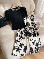 Girls' Beaded T-Shirt Printed Straight-Leg Pants Two-Piece Set