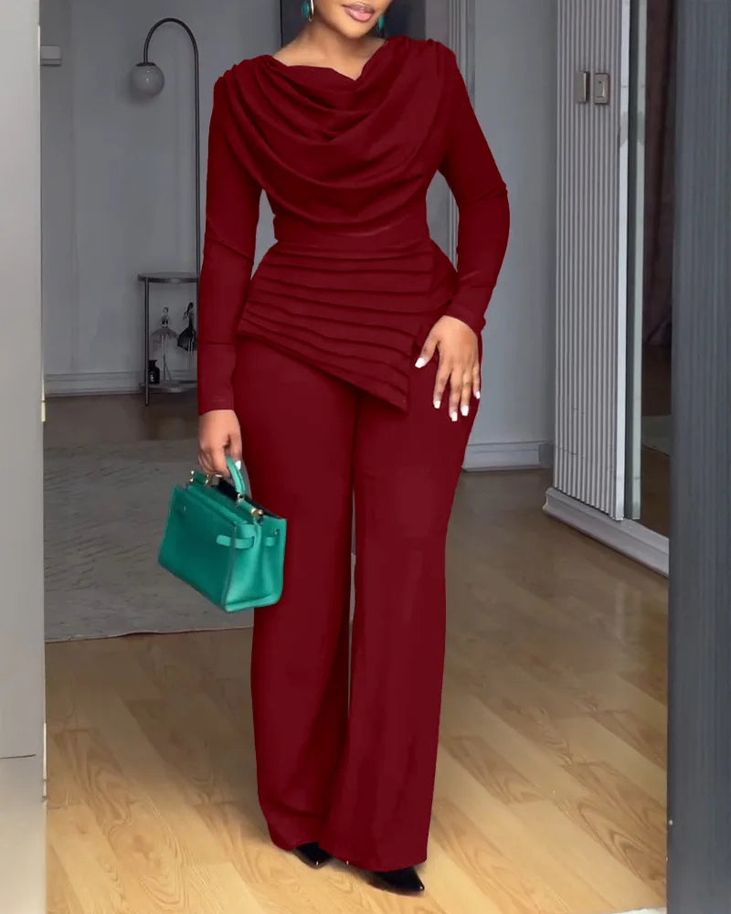 Women's Swing Collar Ruched Long Sleeve Jumpsuit