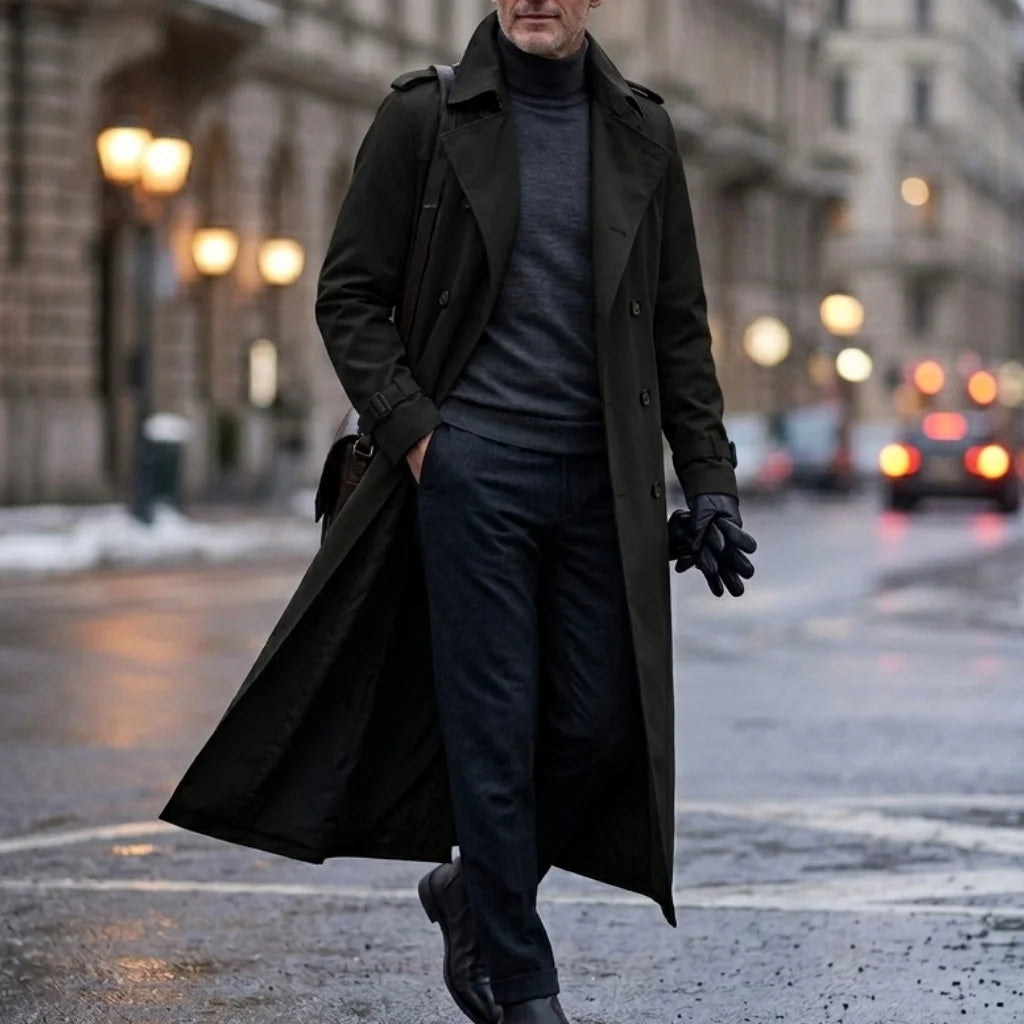 Men's Double-Breasted Long Trench Windbreaker Coat