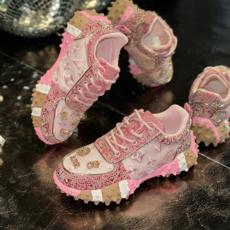Women's Rhinestone Platform Sneakers Lace-Up Casual Skateboard Shoes