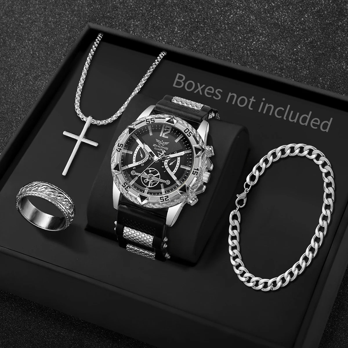Men's Quartz Wristwatch and Jewelry Set 4-Piece Silicone Strap