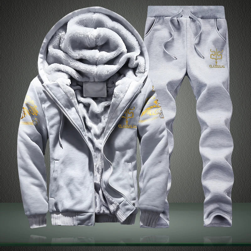 Men's Casual Plush Thickened Hoodie and Pants Two Piece Tracksuit Set