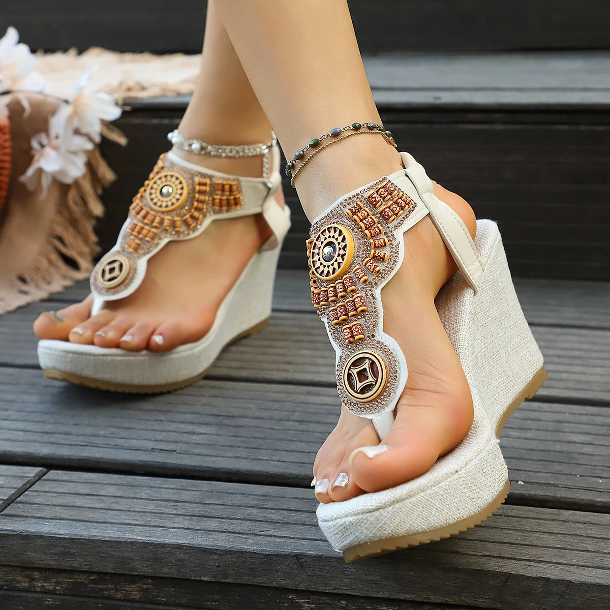 Vintage Rivet Decor Wedge Sandals for Women Ankle Buckle