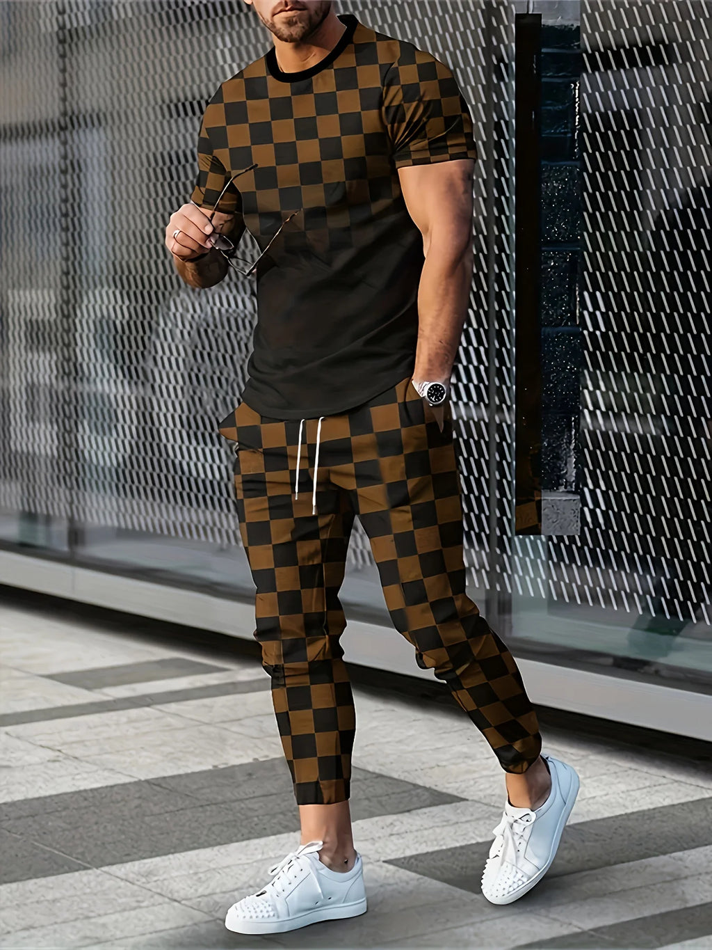 Men's Casual Check Print Short Sleeve T-Shirt and Pants Set