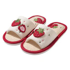 Strawberry Print Linen Floor Slippers with Soft Non-Slip Sole