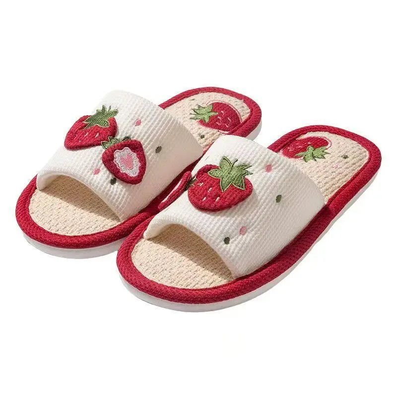 Strawberry Print Linen Floor Slippers with Soft Non-Slip Sole