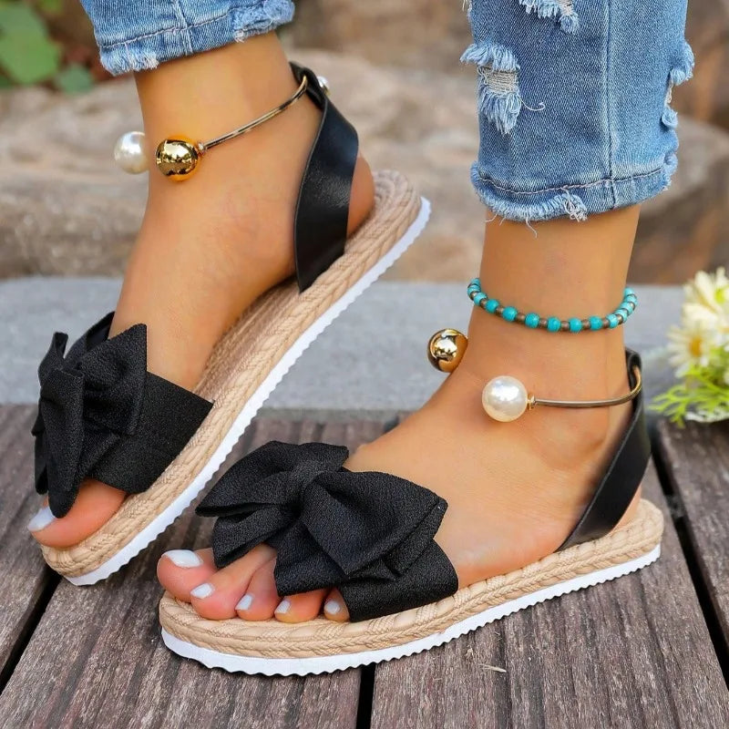 Women's Pearl Bow Flat Sandals Casual Summer Slip-On