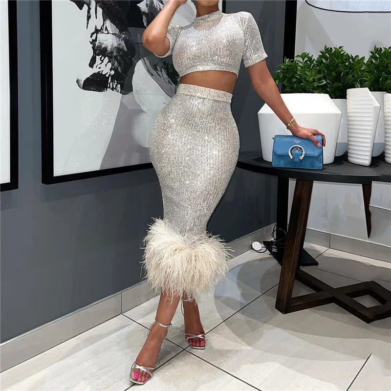 Women's Sequins Glitter Feather Crop Top and Skirt Two Piece Set