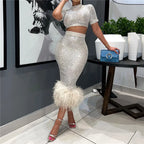 Women's Sequins Glitter Feather Crop Top and Skirt Two Piece Set