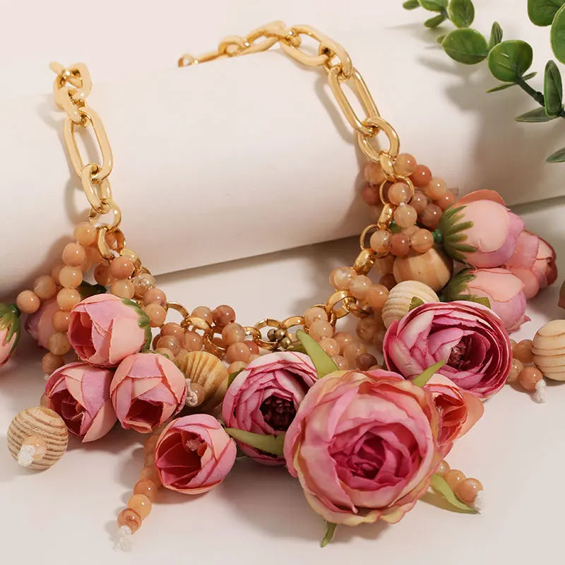 Women's Fashion Statement Three-Dimensional Rose Cluster Beads Necklace